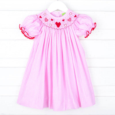 Pink and Red Hearts Smocked Bishop Dress