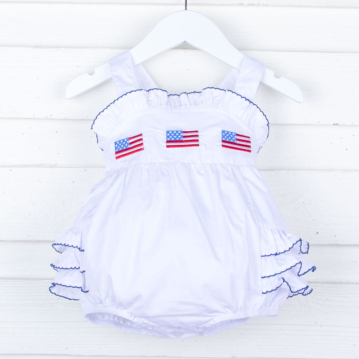 Patriotic Flag Embroidered White Ruffle Bubble