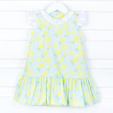 Fresh Lemon Print Ruffle Collared Dress