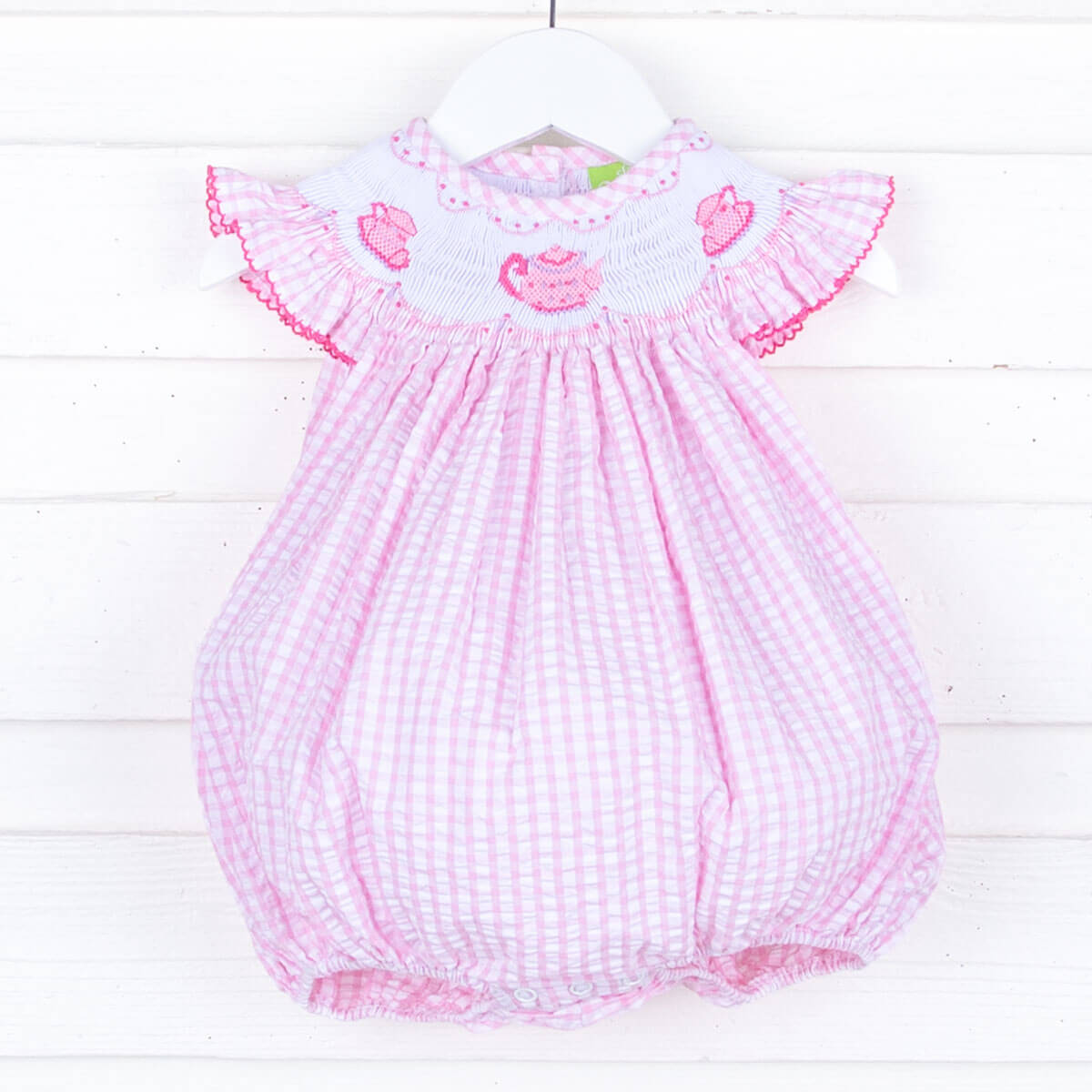Tea Party Smocked Pink Seersucker Bubble – Classic Whimsy