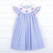 Sailboat Smocked Blue Windowpane Angel Sleeve Dress