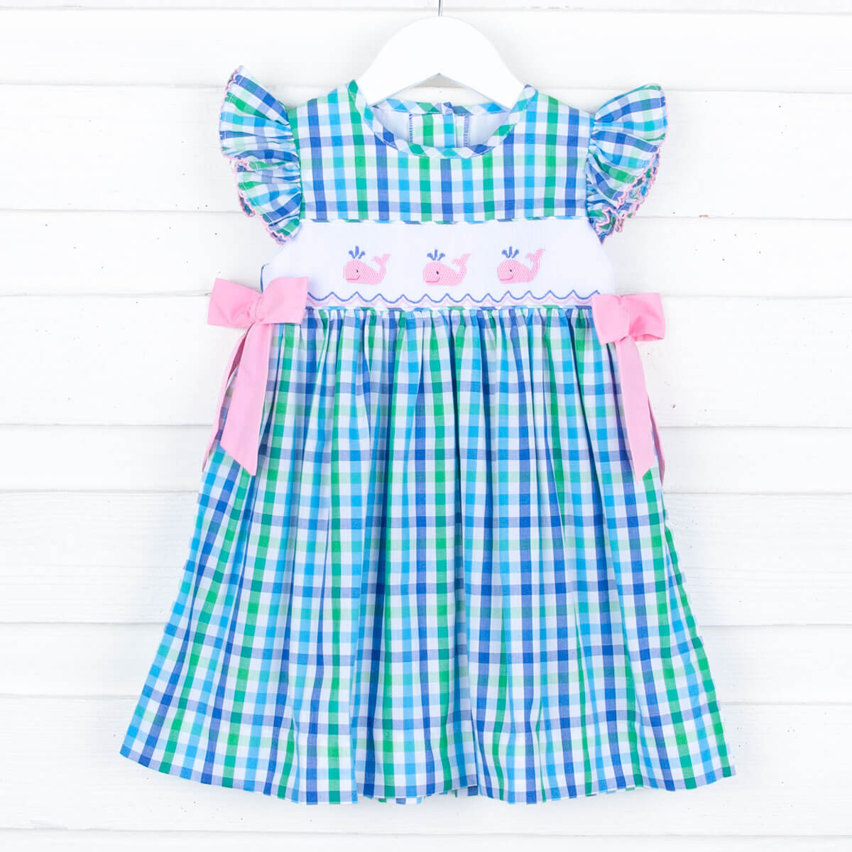 Pink Whale Smocked Green and Blue Beverly Dress
