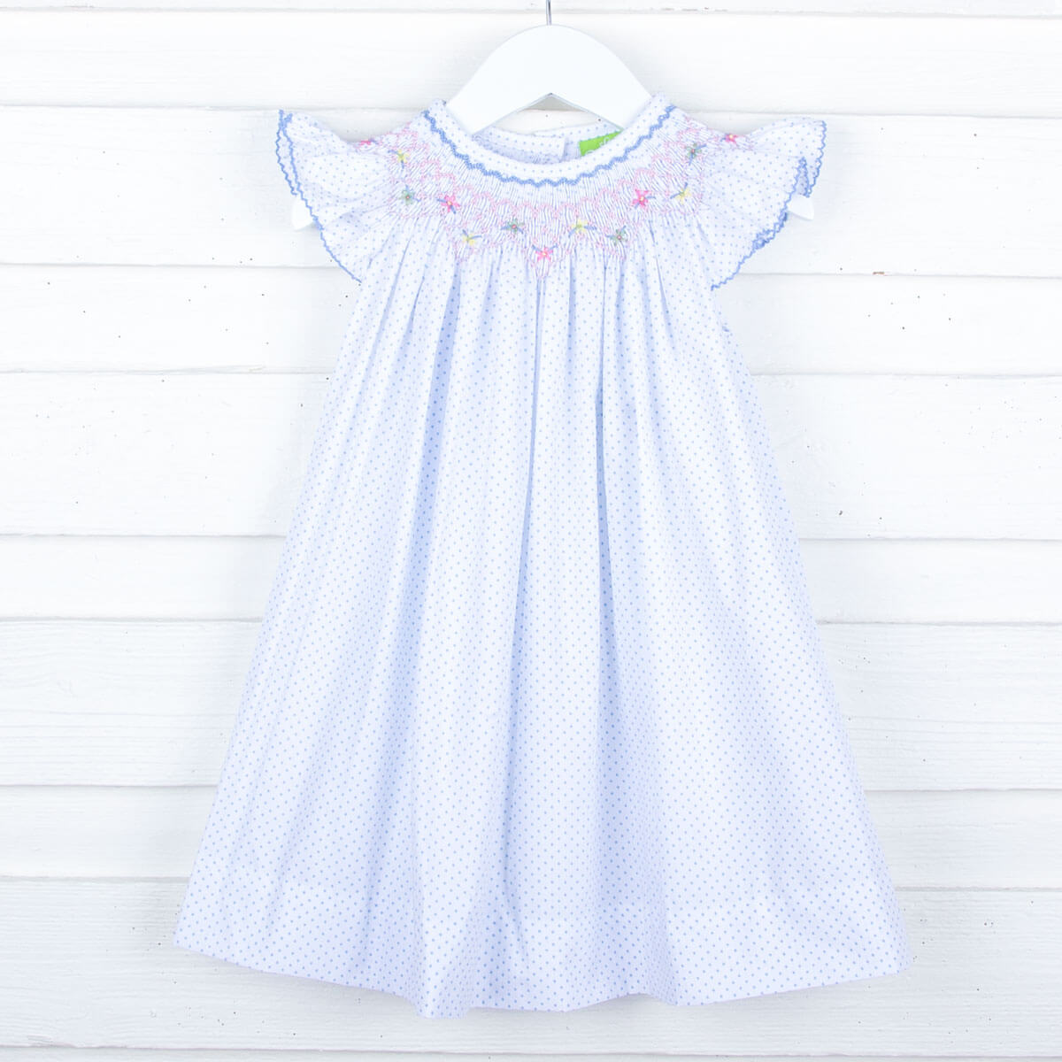 Wild Flowers Smocked Light Blue Polka Dot Dress