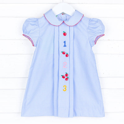 Easy as 123 Embroidered Apple Light Blue Dress
