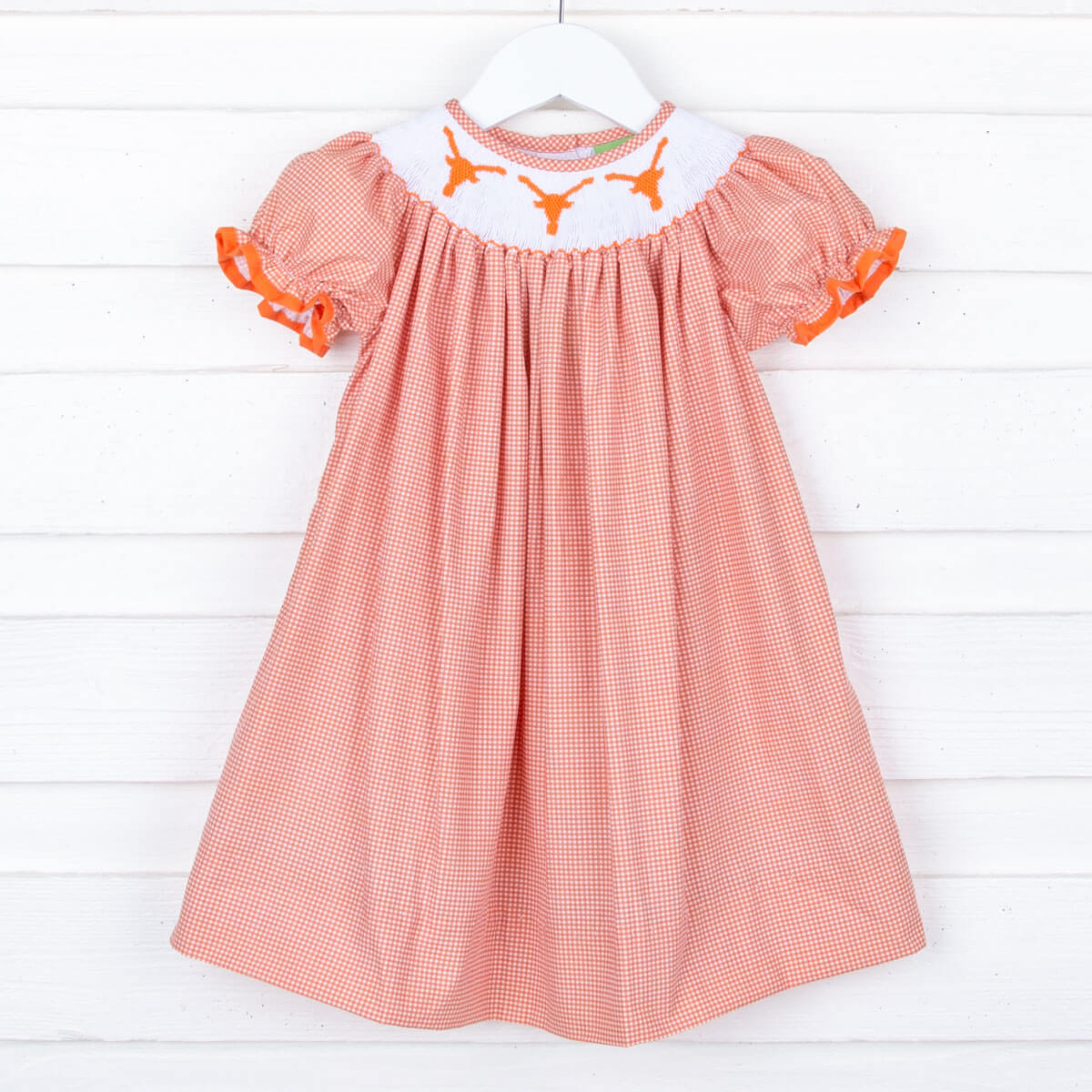 Longhorn Orange Gingham Smocked Bishop Dress Classic Whimsy