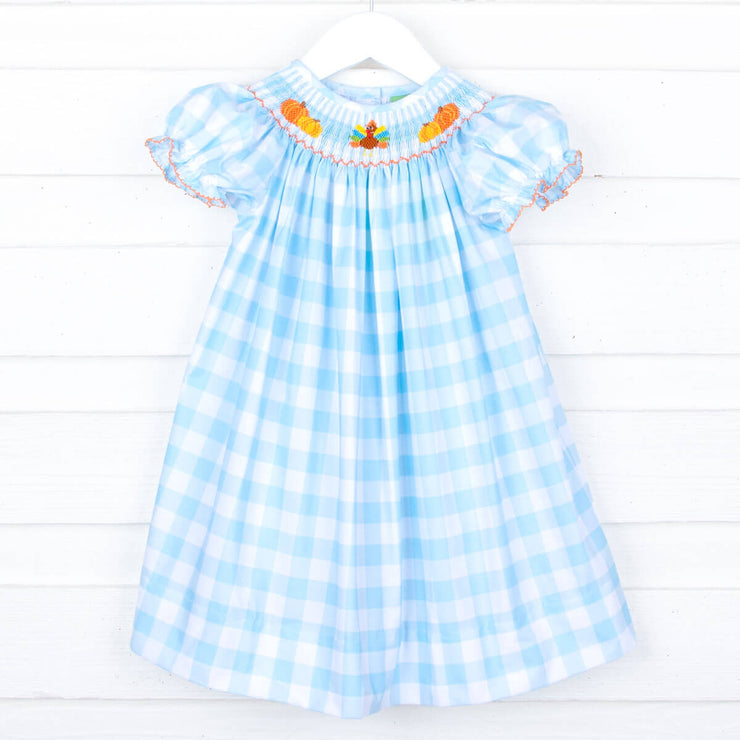 Thanksgiving Smocked Turquoise Check Dress