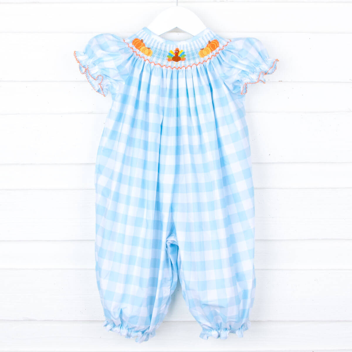 Thanksgiving Smocked Turquoise Check Long Bubble