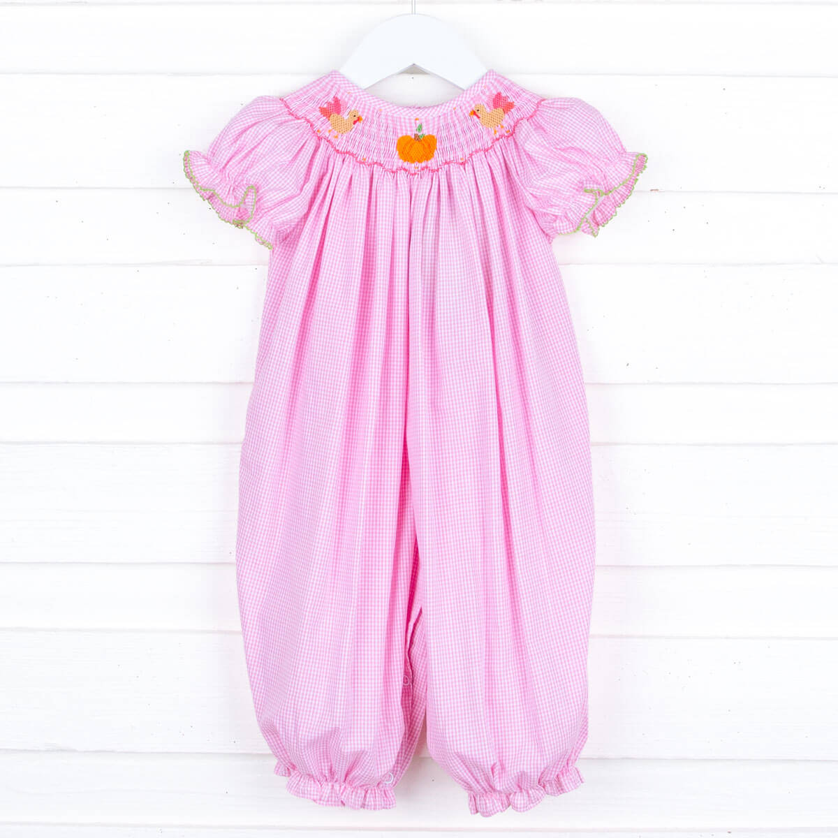 Turkey and Pumpkin Smocked Pink Long Bubble
