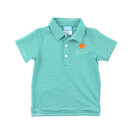Pumpkin Embroidered Green Stripe Polo Shirt