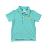 Pumpkin Embroidered Green Stripe Polo Shirt