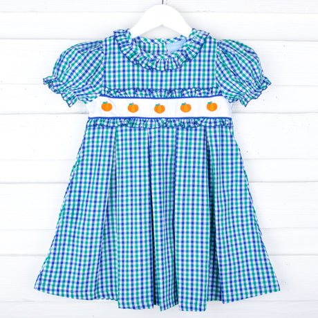 Hello Pumpkin Embroidered Blue & Green Gingham Ruffle Dress