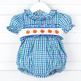 Hello Pumpkin Embroidered Blue & Green Gingham Bubble