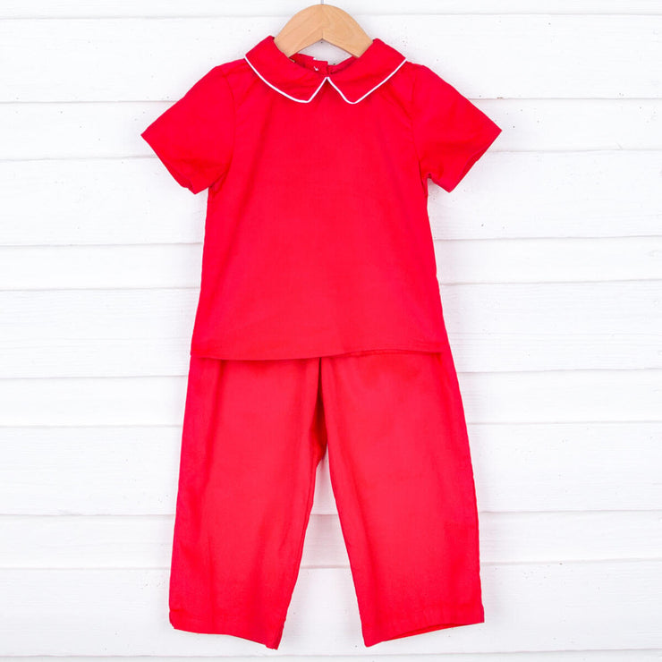 Solid Red Collared Corduroy Pant Set