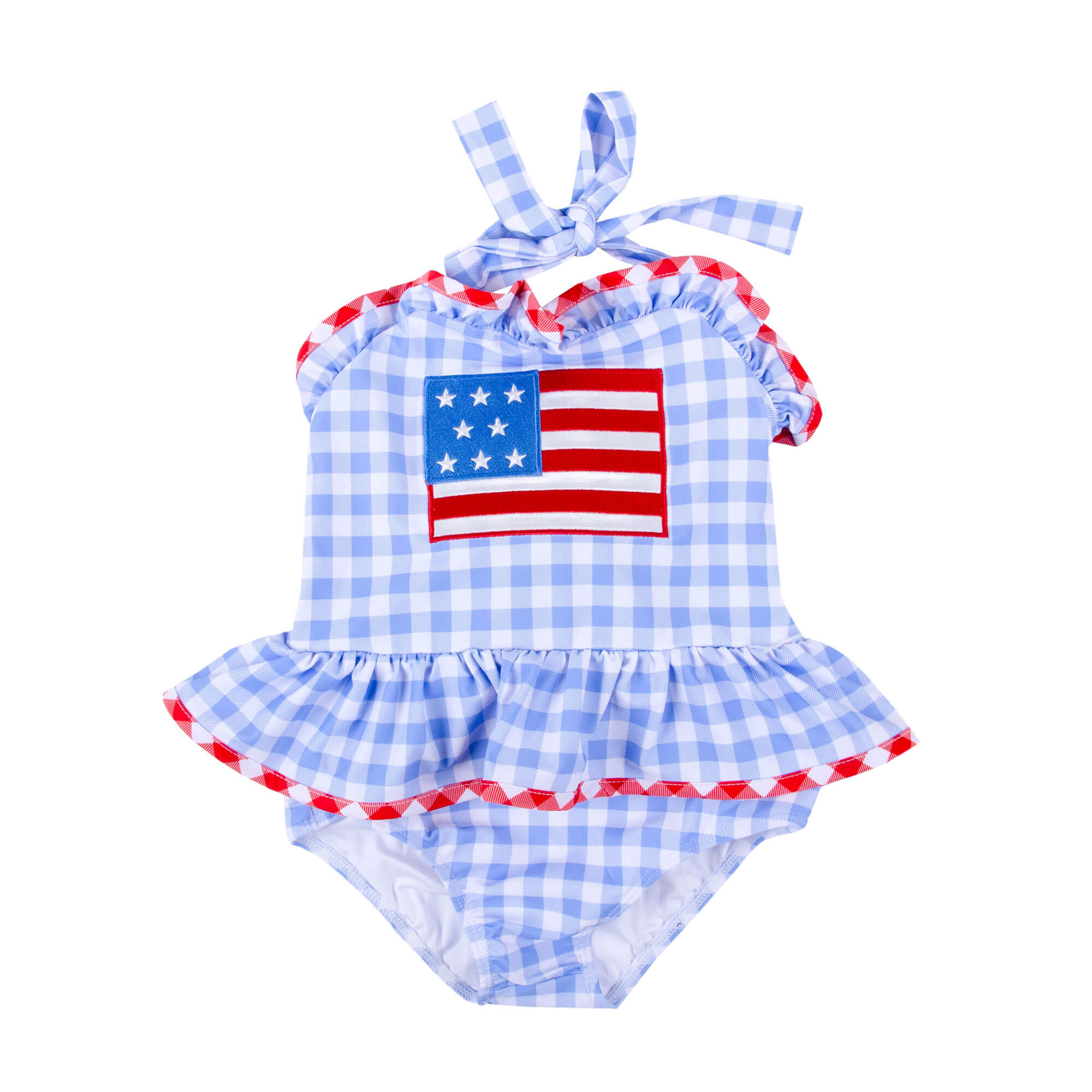 American Flag Applique Blue Gingham One Piece Swimsuit – Classic
