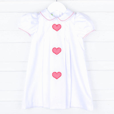 Tiny Hearts Center Embroidered Pleated White Dress