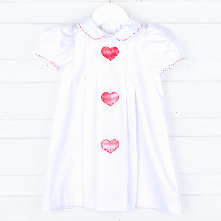 Tiny Hearts Center Embroidered Pleated White Dress