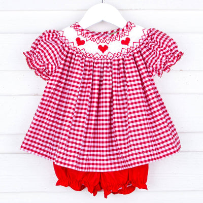 Heart Smocked Red Check Bloomer Set