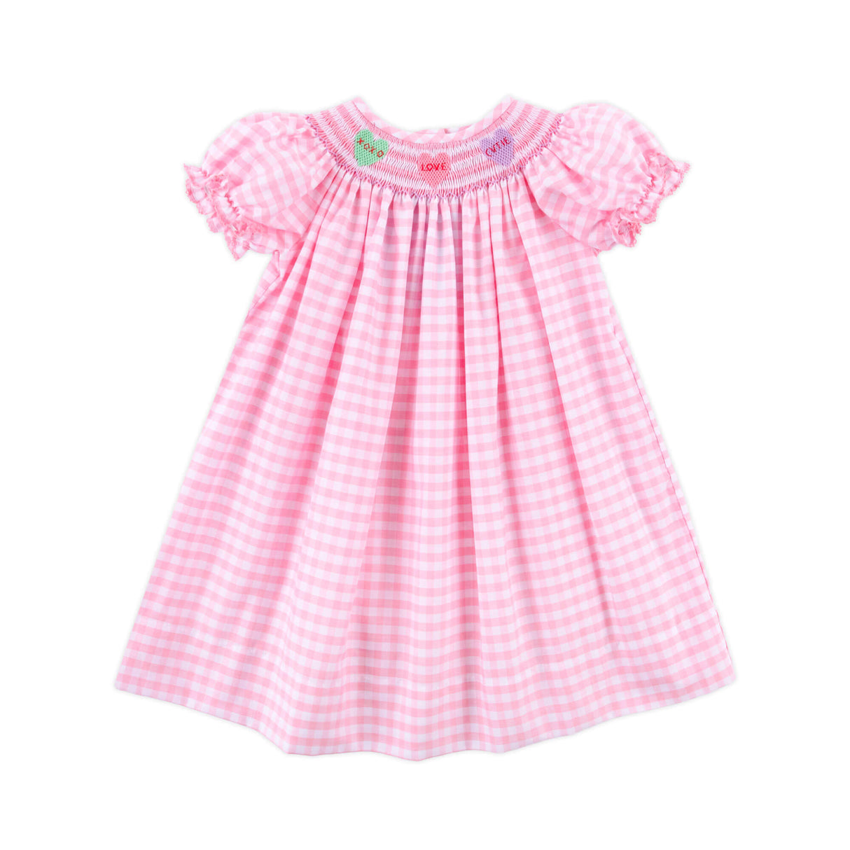 Candy Hearts Pink Gingham Smocked Bishop Dress