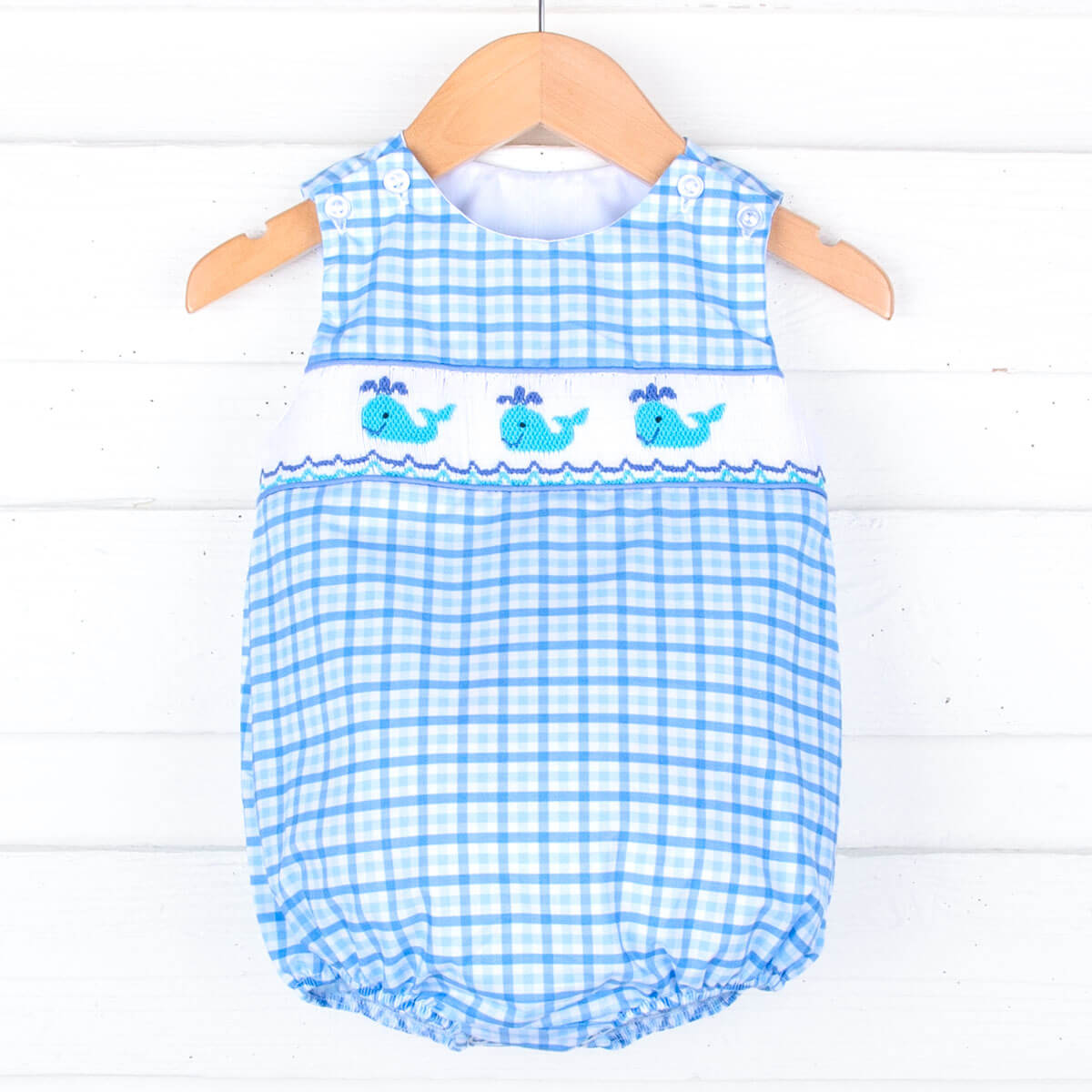 Happy Whale Blue Smocked Bubble