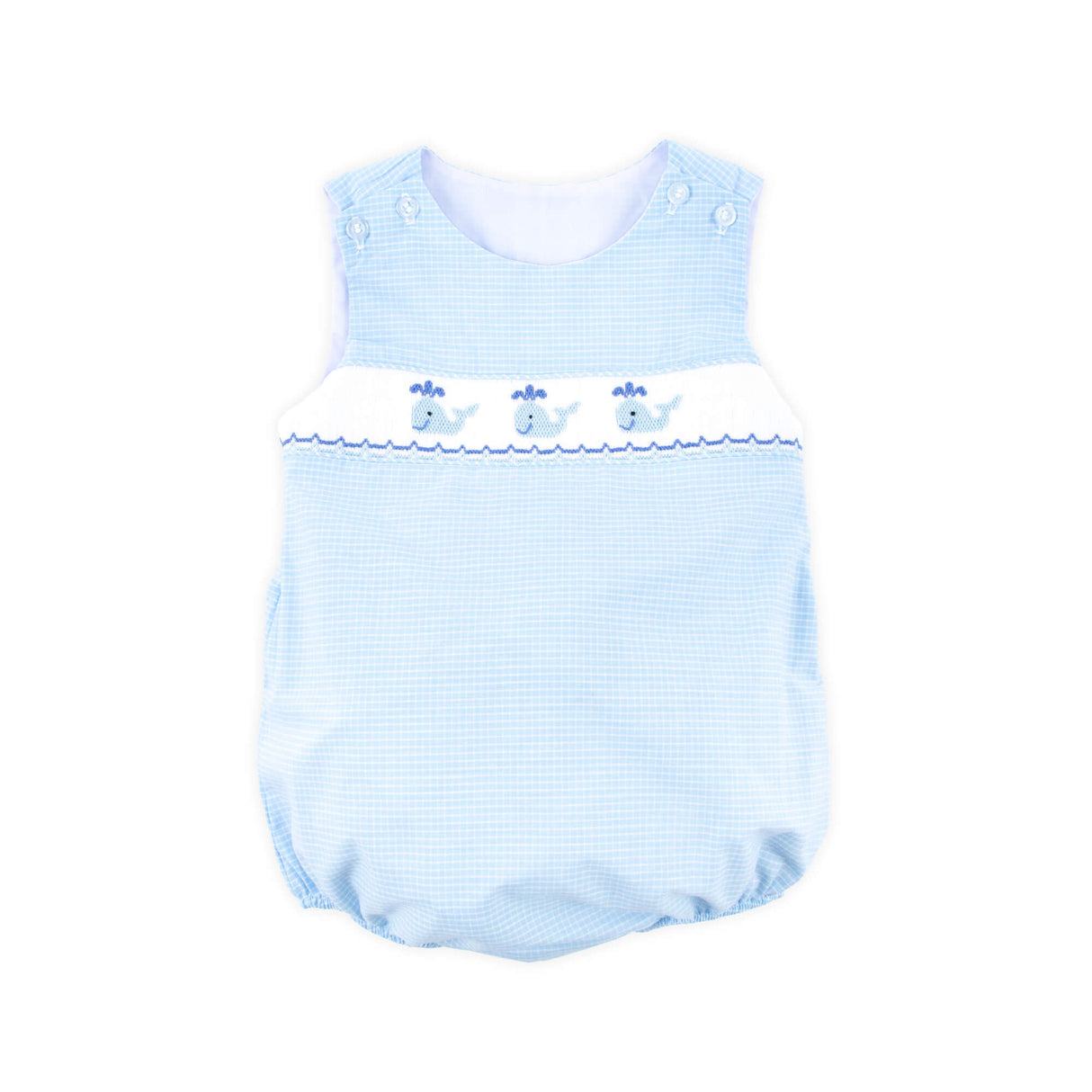Happy Whale Blue Windowpane Smocked Sun Bubble