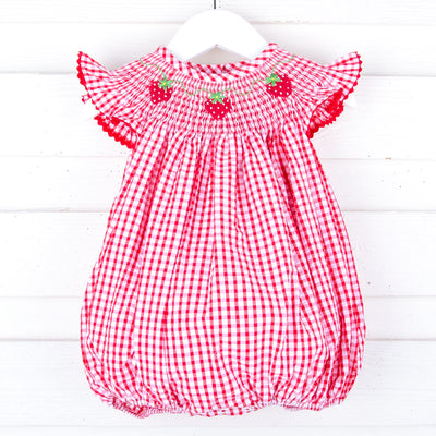Strawberry Red Check Smocked Bubble