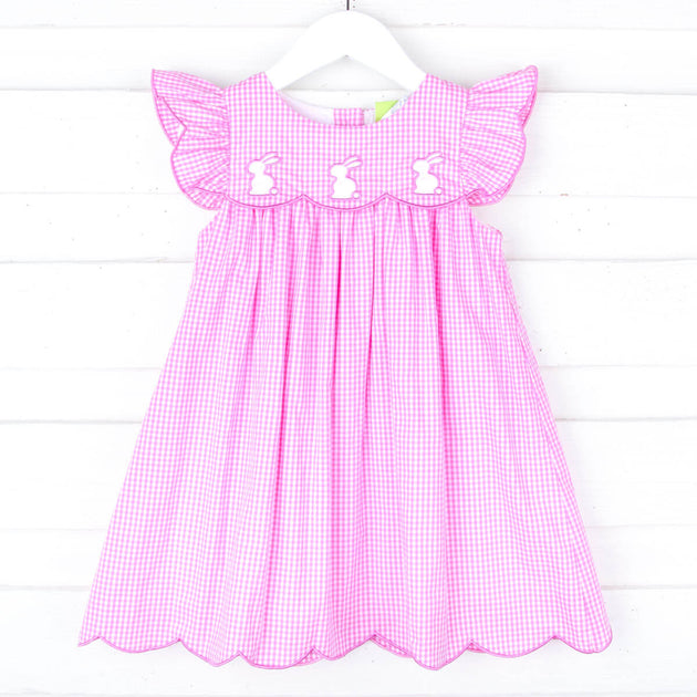 Embroidered Bunny Pink Gingham Scalloped Dress – Classic Whimsy