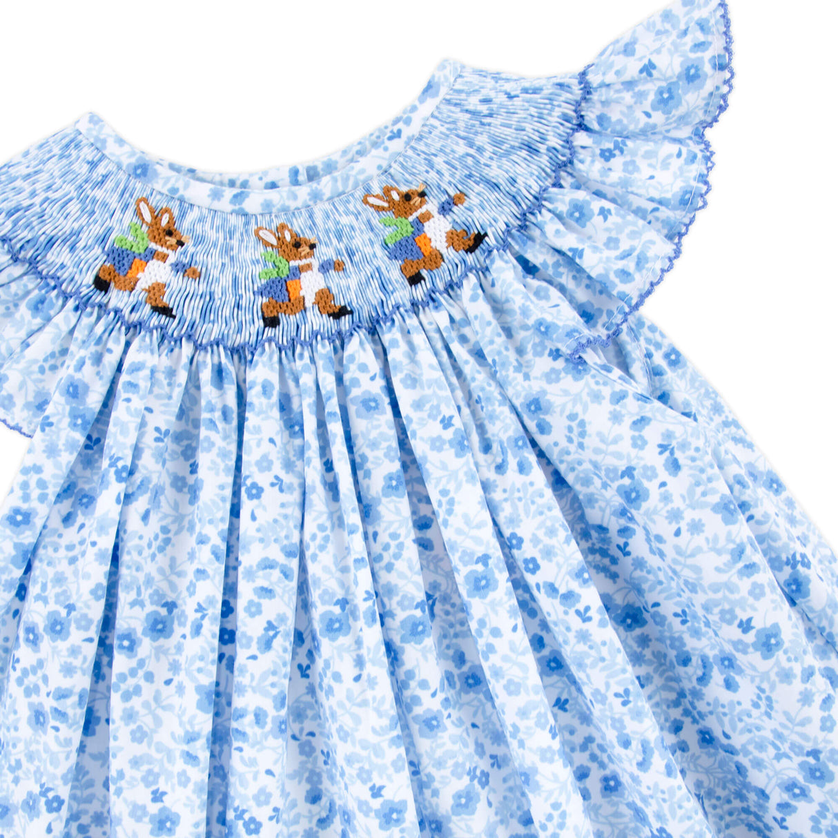 Storybook Rabbit Blue Floral Smocked Bubble