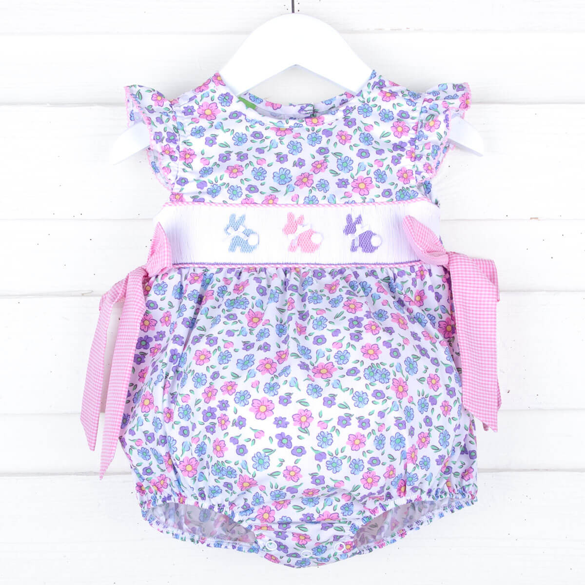 Springtime Floral Bunny Smocked Side Tie Bubble – Classic Whimsy