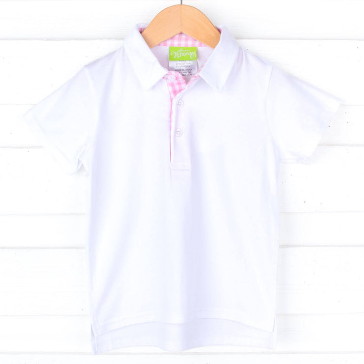 White Polo Pink Gingham Accent