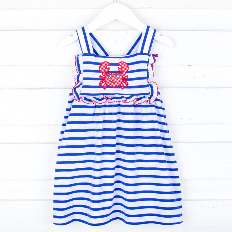 Crab Applique Blue Stripe Mia Dress