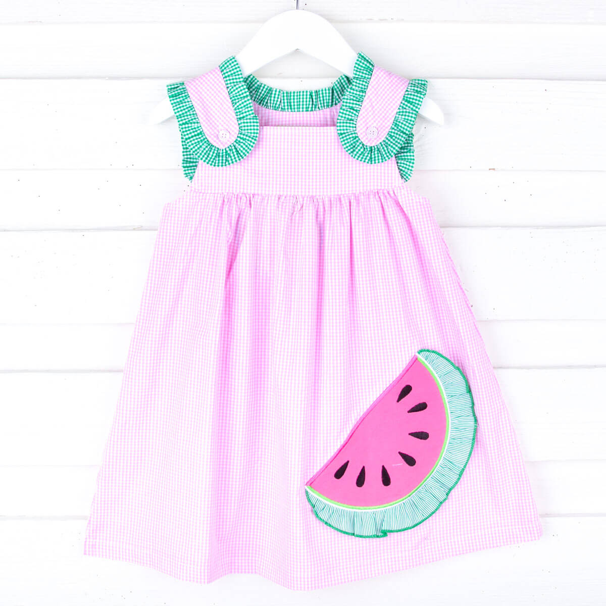 Watermelon Applique Pink Gingham Dress – Classic Whimsy