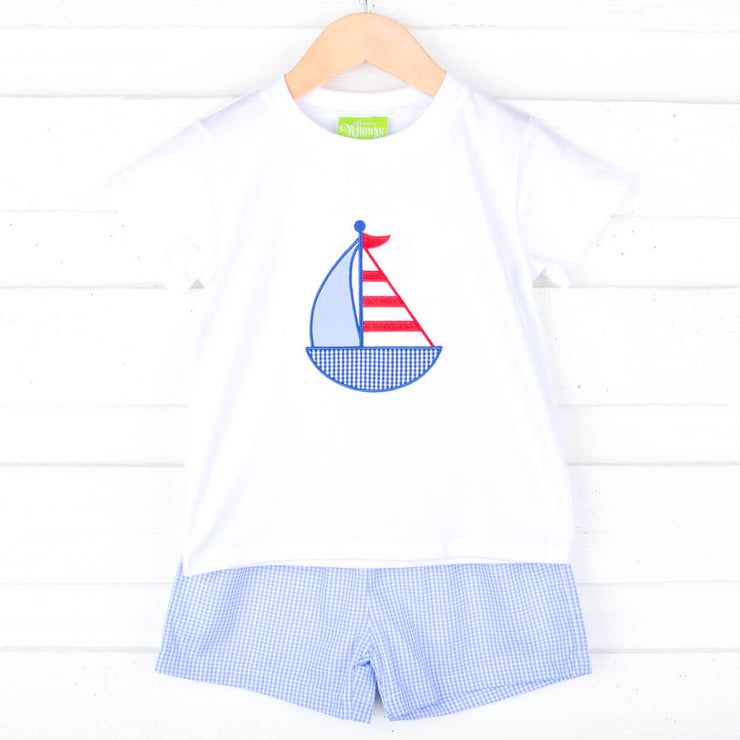 Sailboat Applique Blue Stripe Short Set