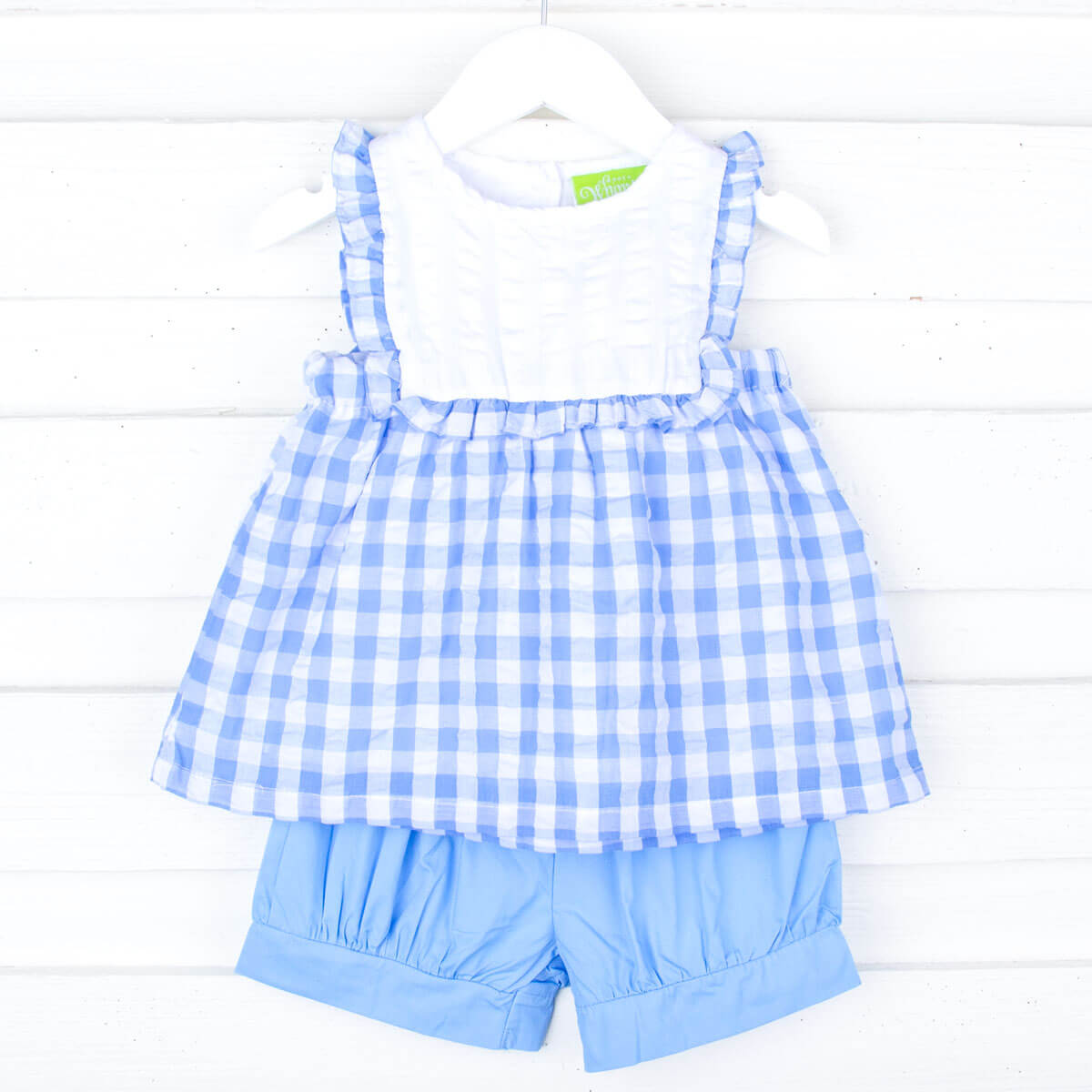 Blue Check Ruffle Bib Short Set – Classic Whimsy