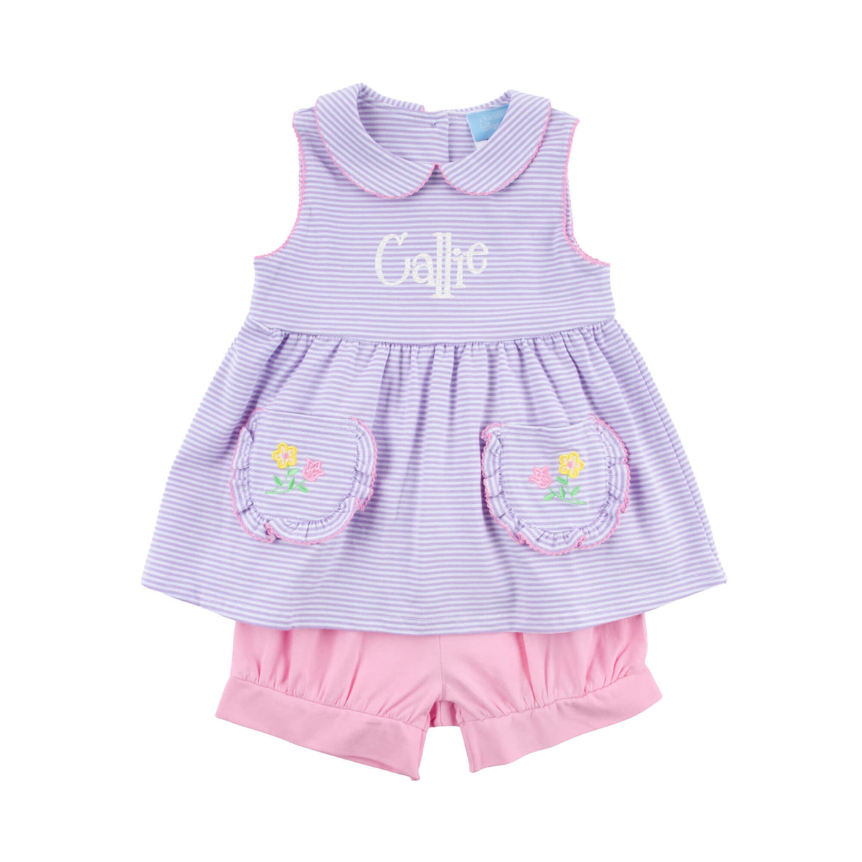 Flower Applique Purple Stripe Caroline Short Set