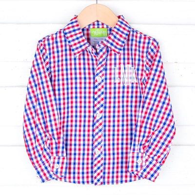 Patriotic Blue and Red Gingham Button Down Shirt