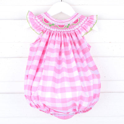 Fresh Watermelon Pink Check Smocked Angel Sleeve Bubble