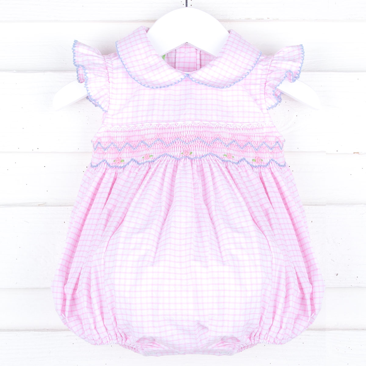 Summer Pink Windowpane Smocked Collared Bubble