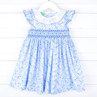 Blue Summer Floral Smocked Collared Dress