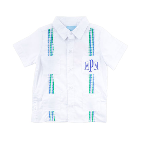 White with Blue & Green Embroidered Guayabera Shirt