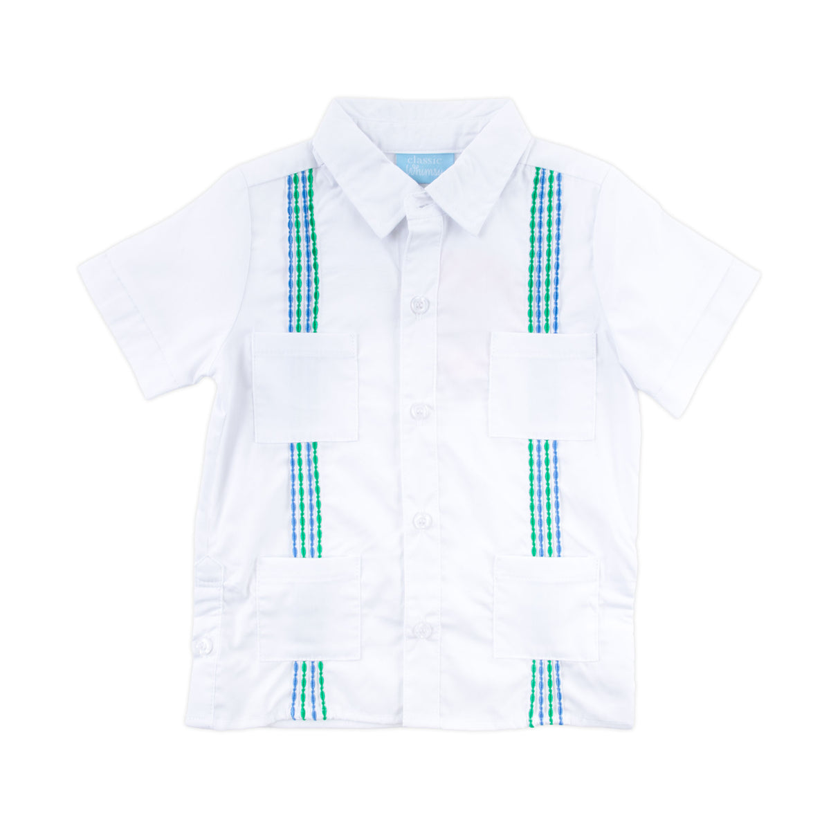 White with Blue & Green Embroidered Guayabera Shirt
