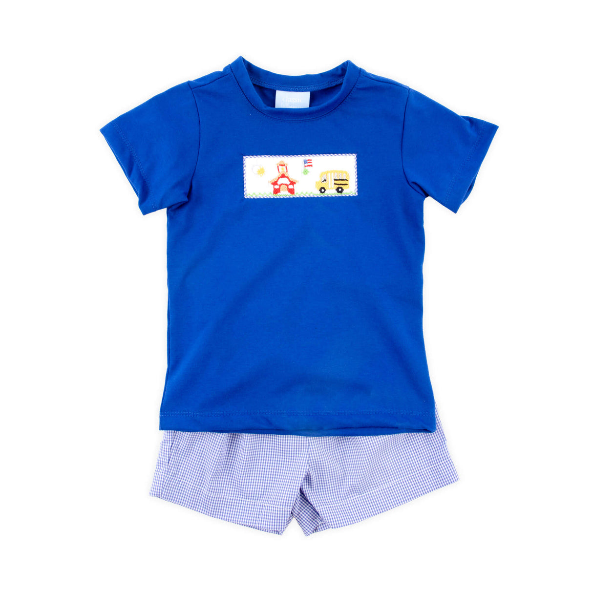 School Bus Smocked Royal Gingham Short Set