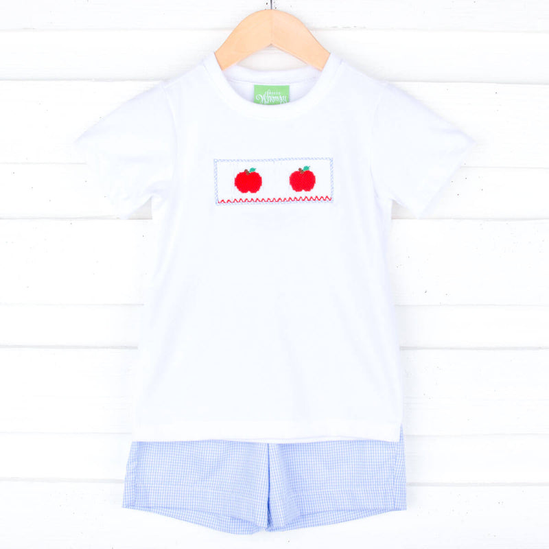 Petit Bebe Toddler Boys Blue Gingham Shorts with Smocked Apples & Pencils Shirt main image 0