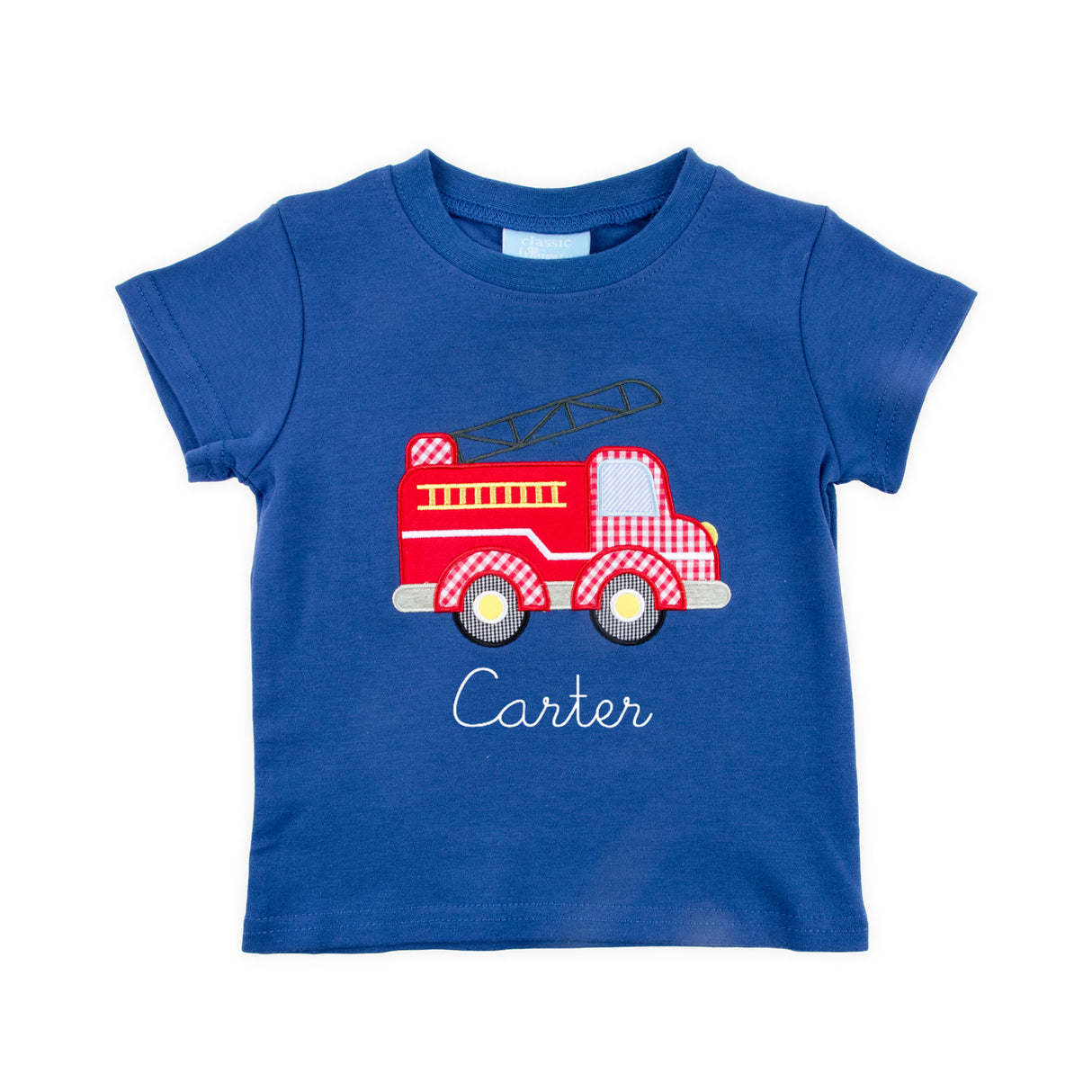 Fire Truck Applique Blue Short Sleeve Shirt