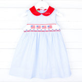 Dazzling Flag Smocked Blue Windowpane Collared Dress