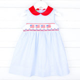 Dazzling Flag Smocked Blue Windowpane Collared Dress