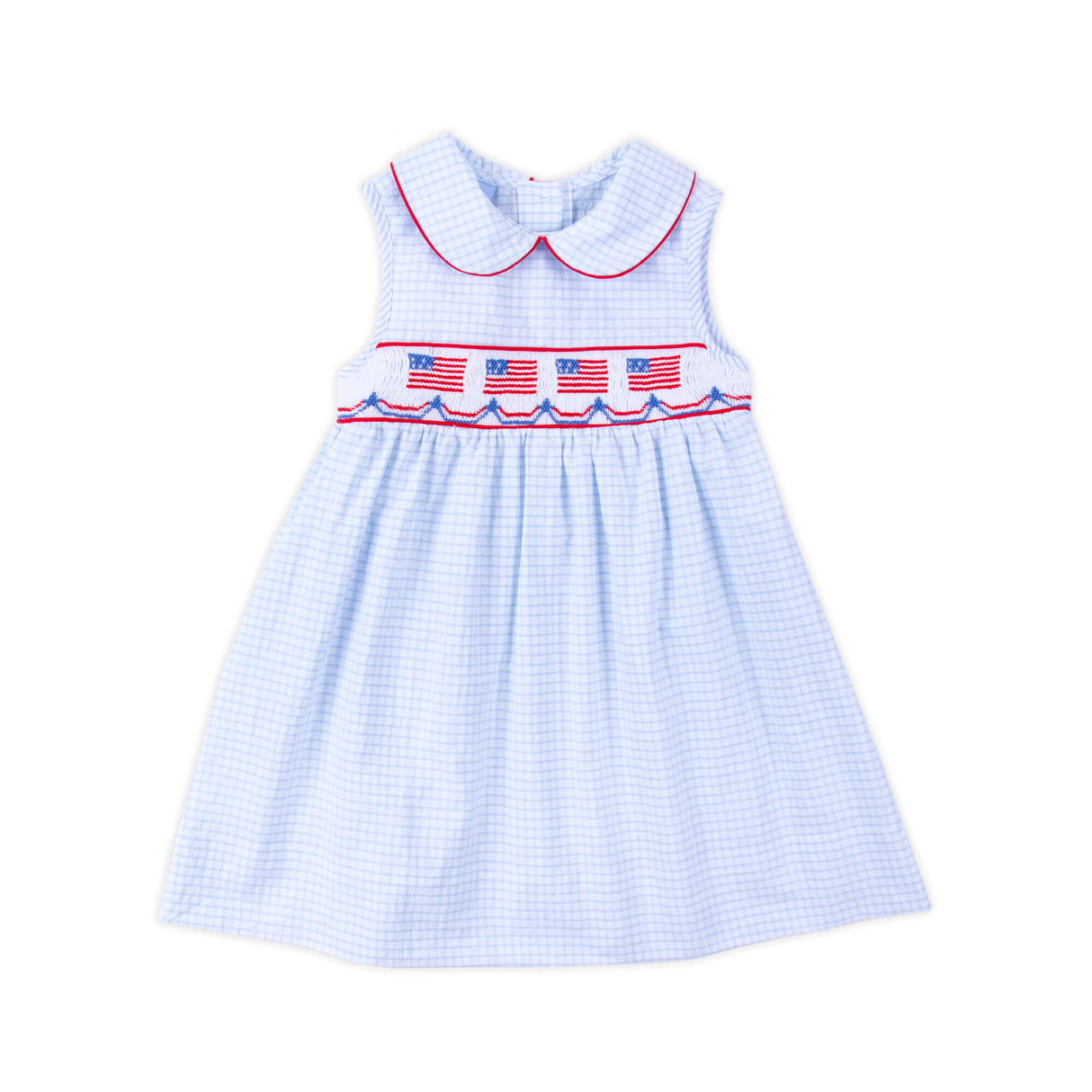 Dazzling Flag Smocked Blue Windowpane Collared Dress