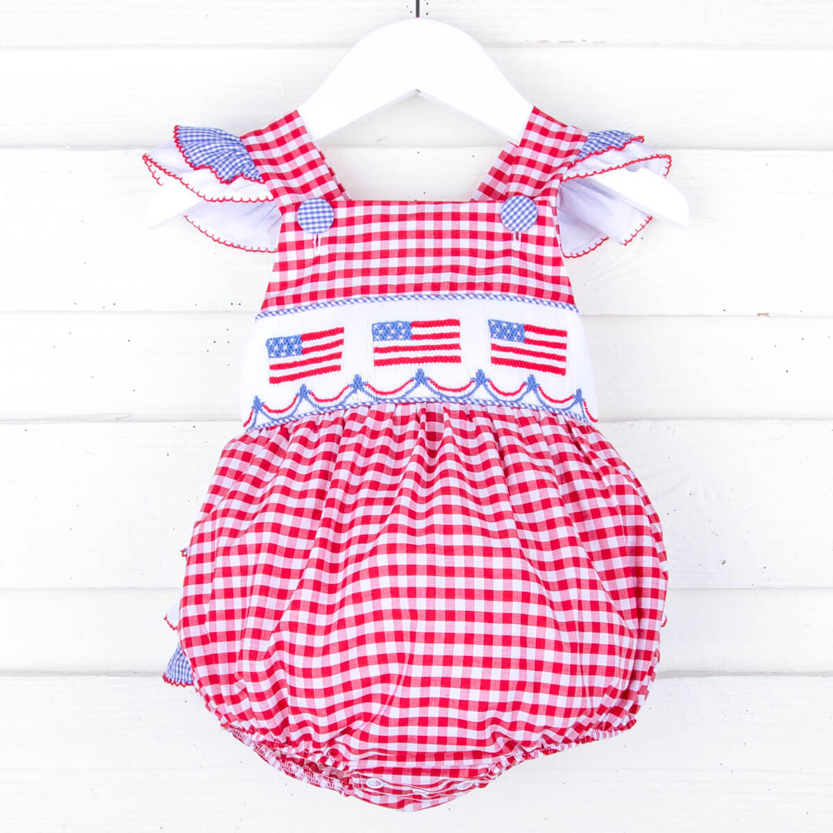 American Flag Smocked Red Gingham Leah Bubble