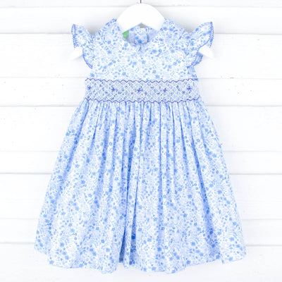 Blue Floral Geo Smocked Collared Dress