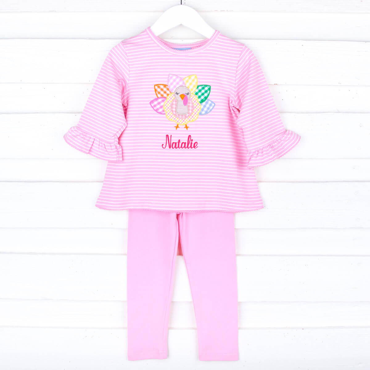 Turkey Applique Pink Stripe Milly Legging Set