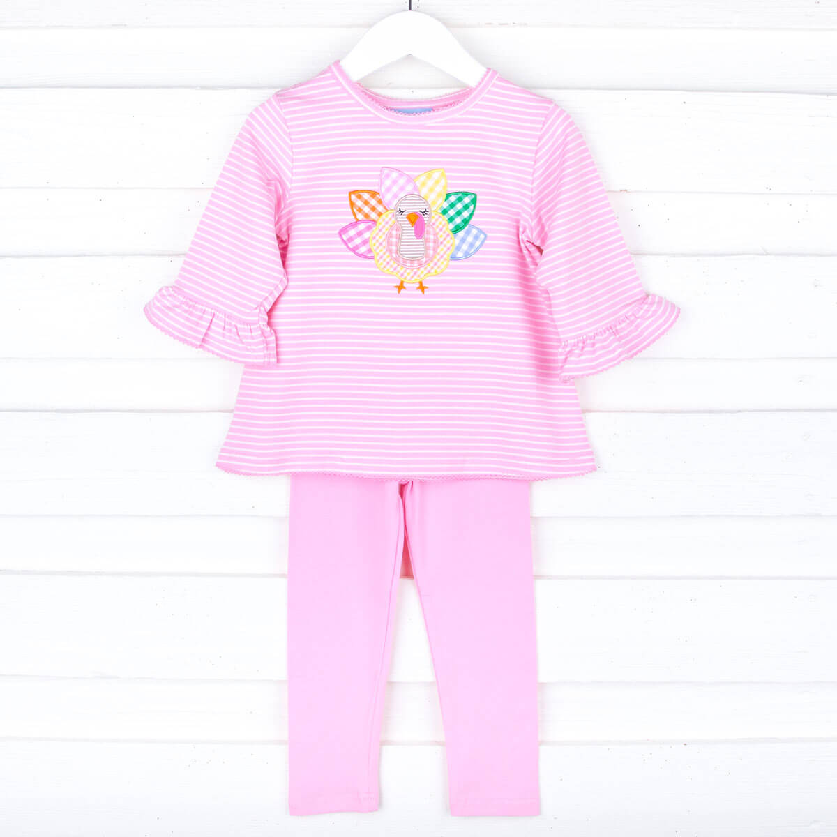 Turkey Applique Pink Stripe Milly Legging Set